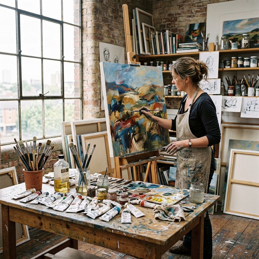 En kunstner arbejder koncentreret i sit atelier