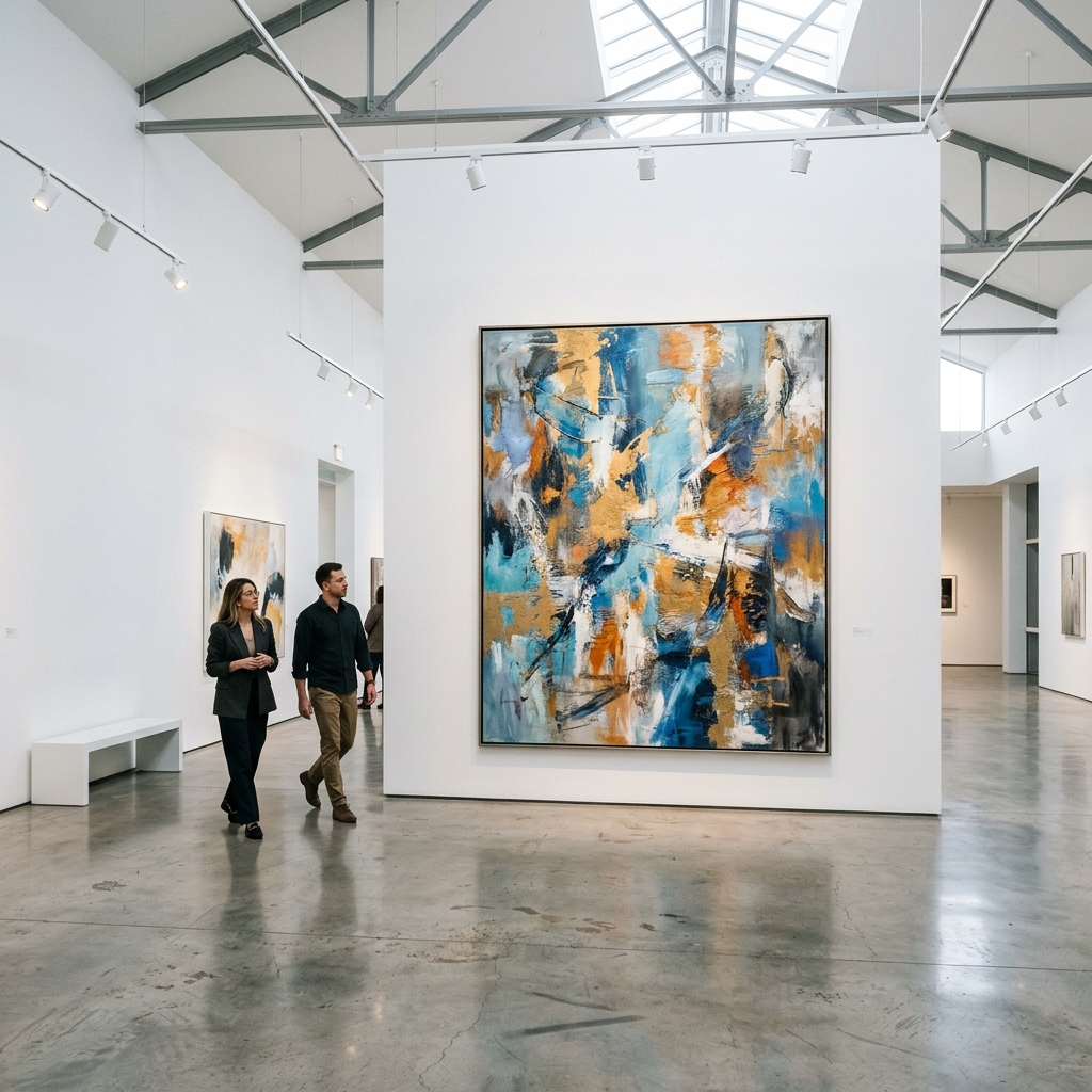 Et lyst og moderne kunstgalleri med besøgende